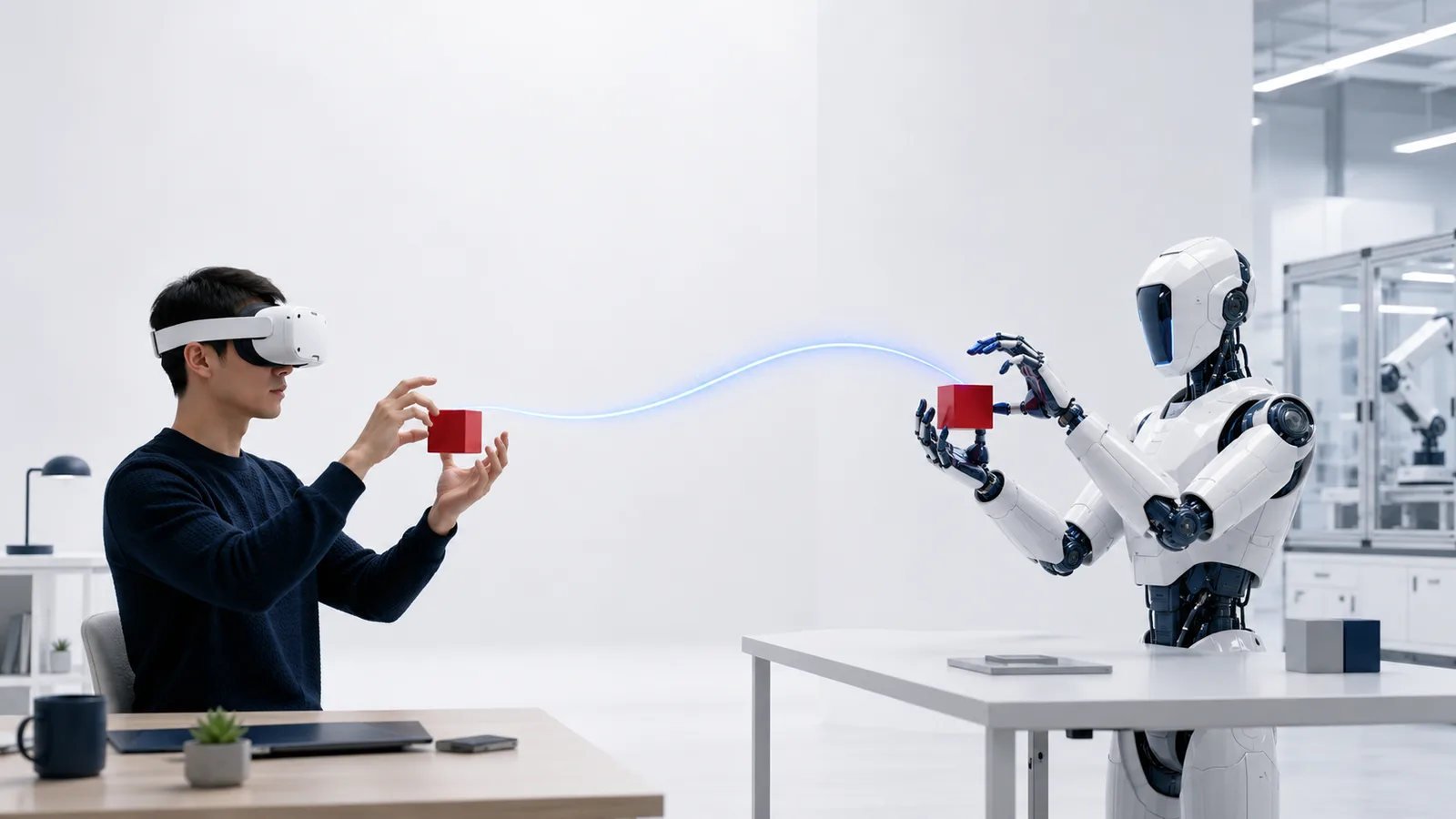 A VR teleoperator at a home desk and a humanoid robot in a lab mirroring the same manipulation gesture, connected by a data link