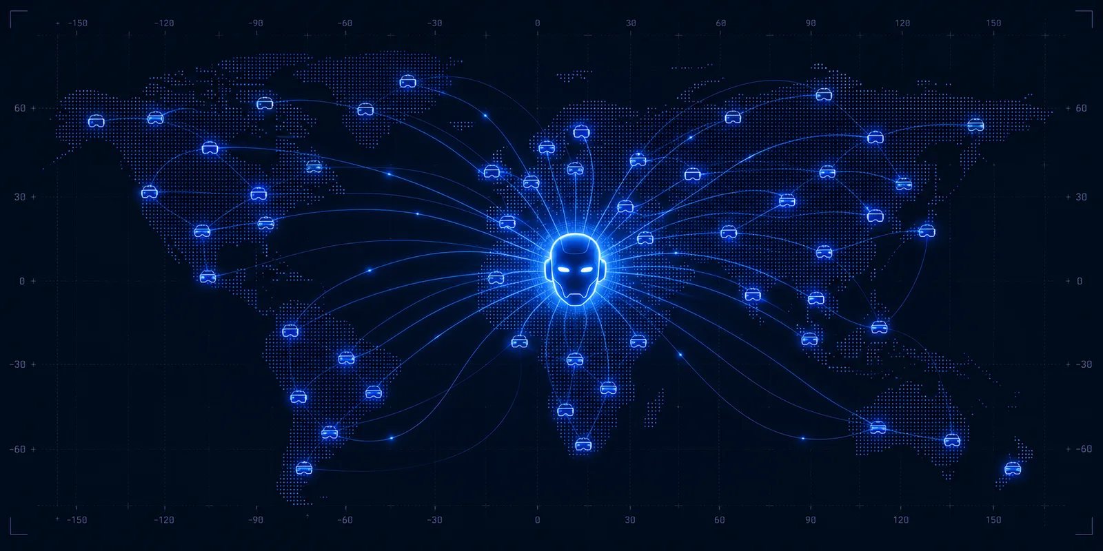 World map visualization: VR headset nodes across continents connected to a central humanoid robot hub