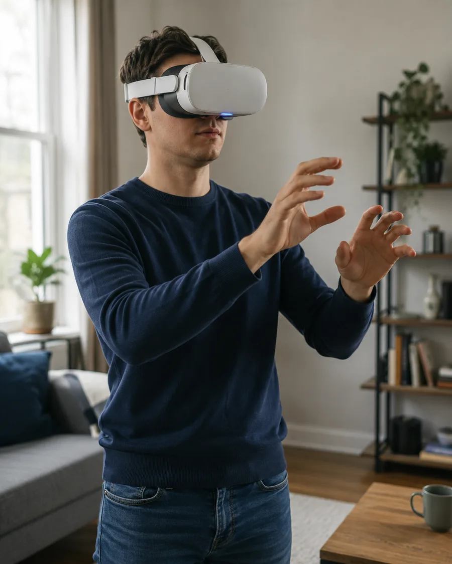 A VR teleoperator working from home: standing in a living room wearing a headset, hands raised in a precise manipulation gesture