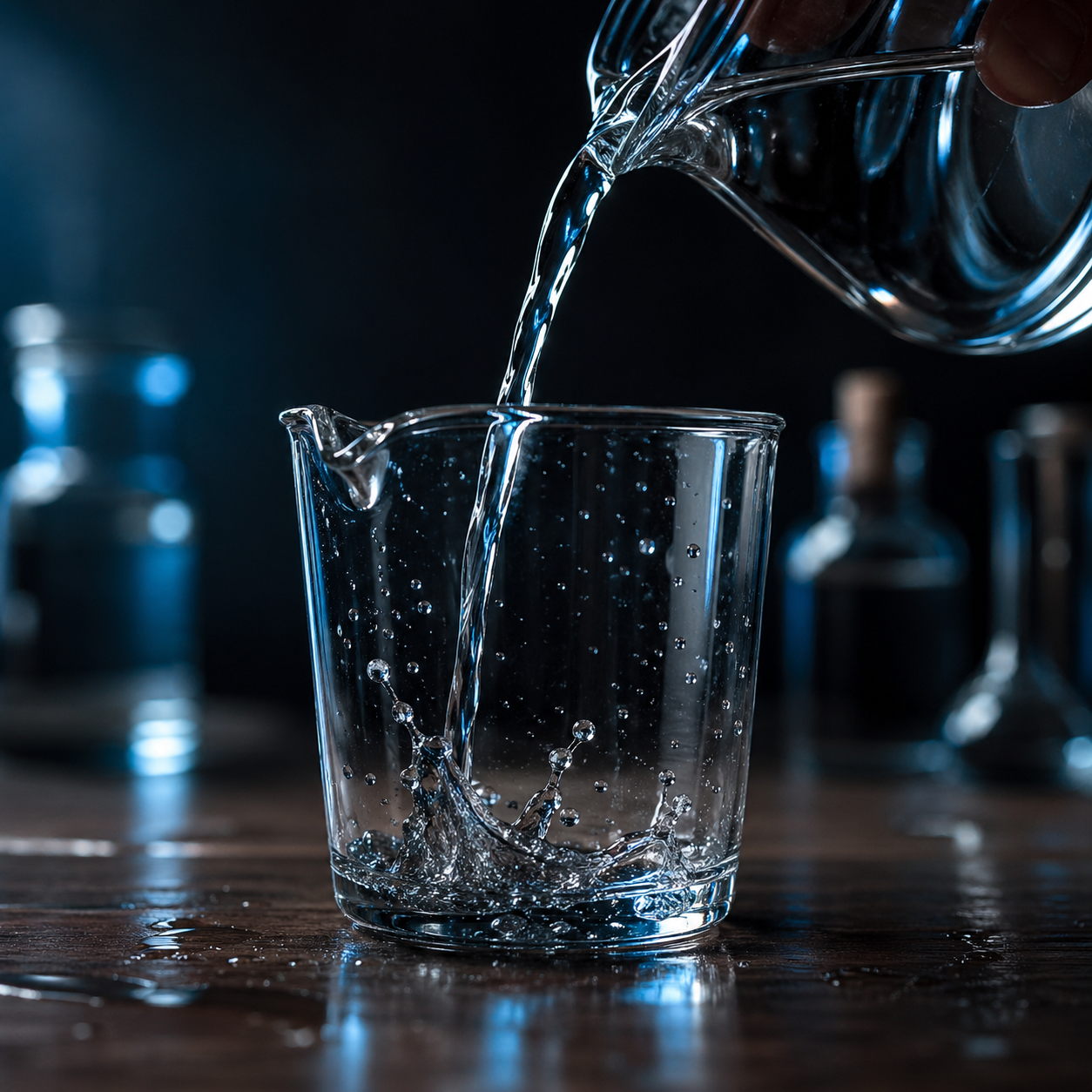 Cinematic moment of water being poured into a glass beaker, splashing mid-air — physical realism inside the simulation