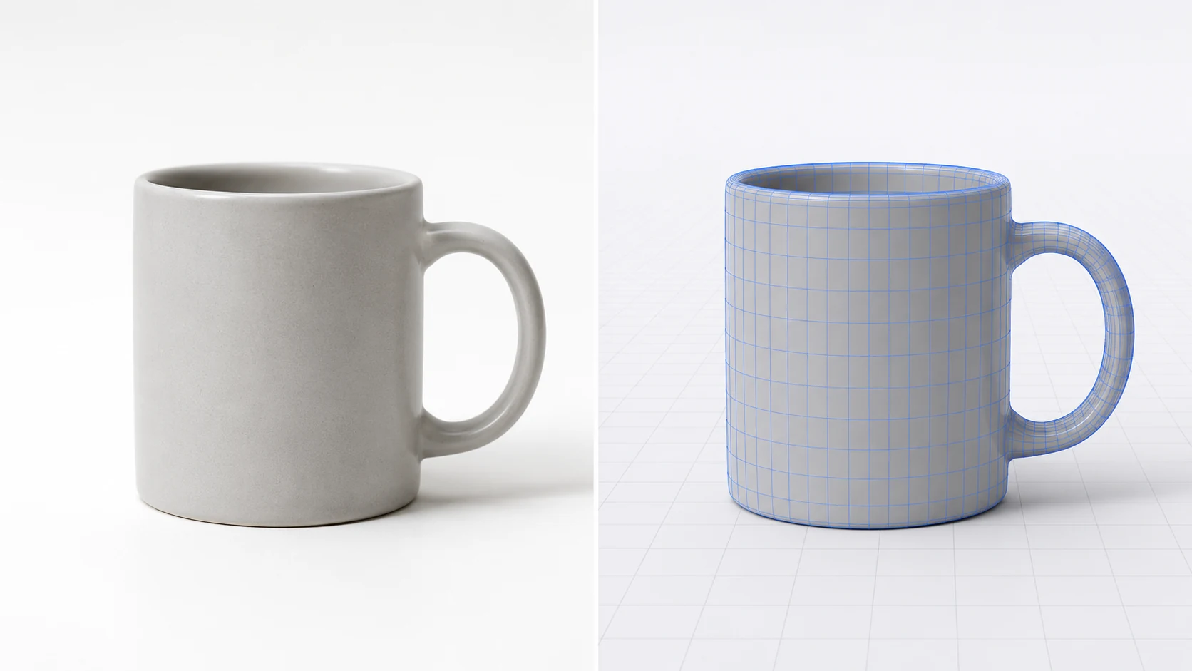 The same plain ceramic mug shown twice: on the left as a real physical object photographed on a lab bench, on the right as its digital twin rendered with a blue wireframe mesh on a simulation grid floor