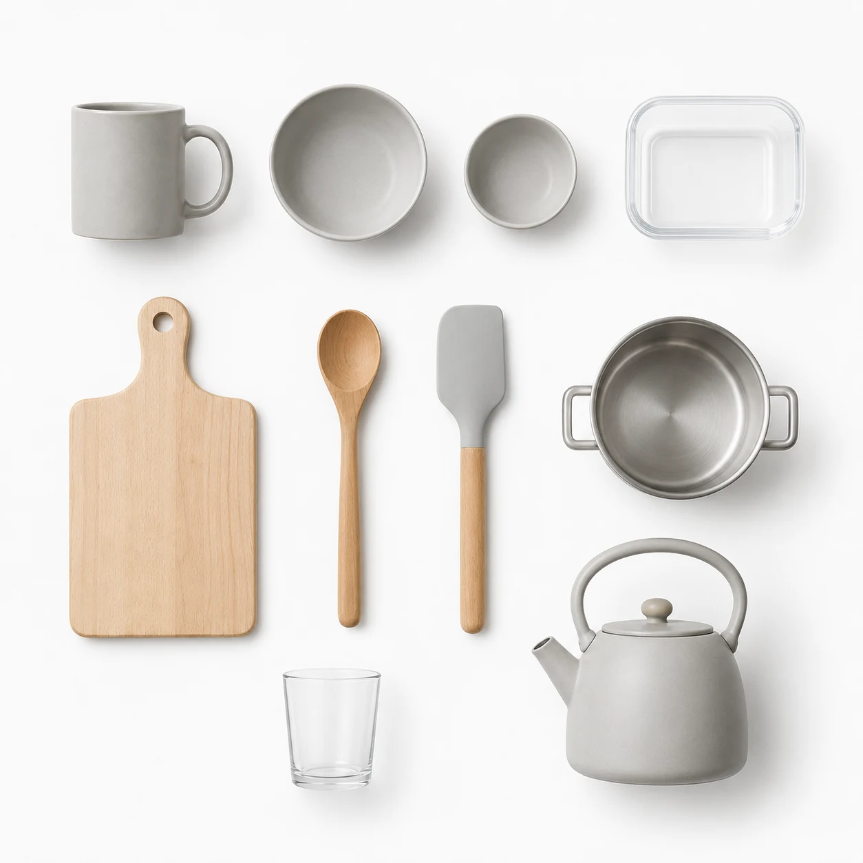 Flat-lay of about ten unbranded kitchen objects — mug, bowls, container, cutting board, utensils, pot, glass, kettle — arranged in a neat grid on white