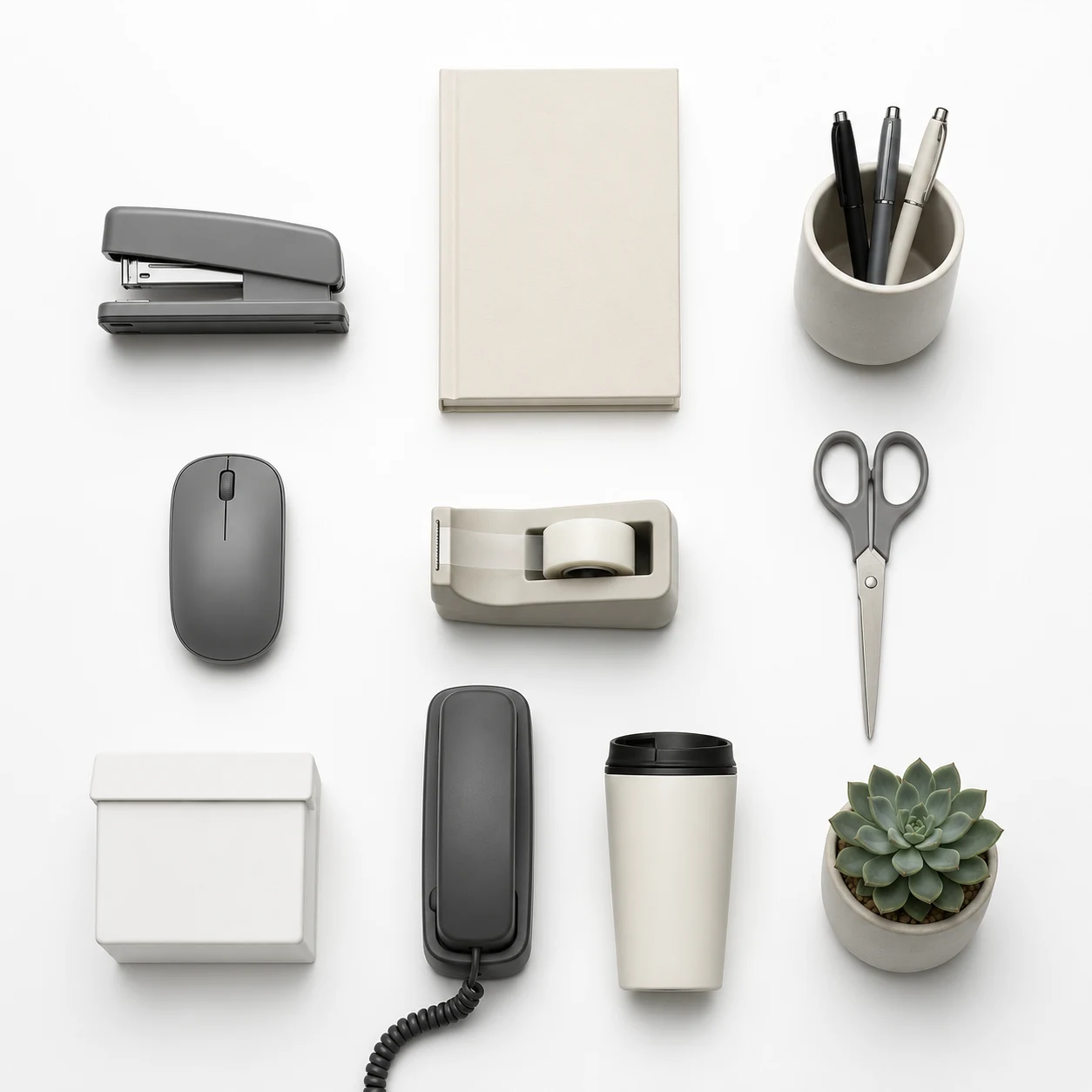 Flat-lay of about ten unbranded office desk objects — stapler, notebook, pens, mouse, tape dispenser, scissors — arranged in a neat grid on white
