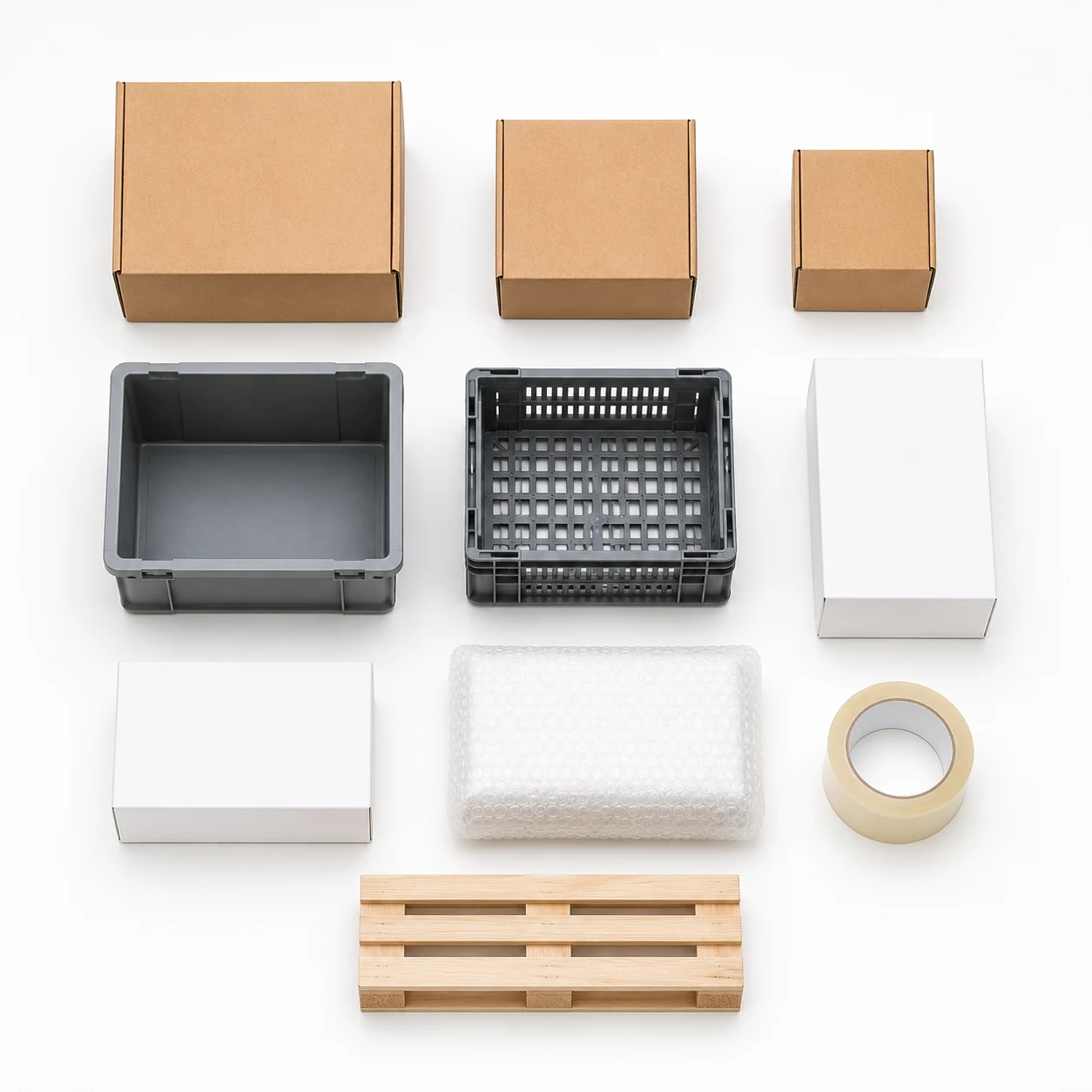 Flat-lay of about ten unbranded warehouse objects — cardboard boxes, plastic bins, blank packaged goods, tote crate — arranged in a neat grid on white