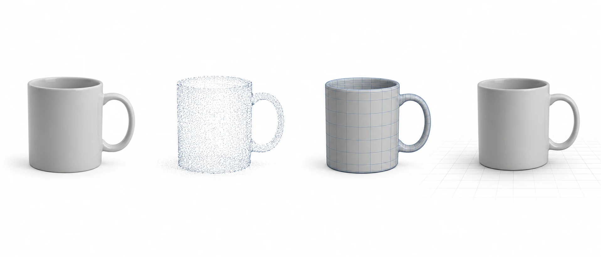 The same ceramic mug in four stages left to right: a photograph, a sparse blue point cloud, a gray mesh with blue wireframe, and a finished render standing on a simulation grid floor