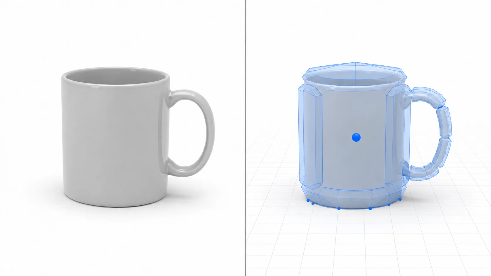 The same ceramic mug shown twice: on the left as a plain 3D render, on the right inside a semi-transparent blue convex collision hull with a center-of-mass marker and contact points on a grid floor