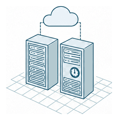 Two server racks on a floor grid linked to a cloud