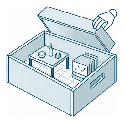 An open crate holding a miniature scene and a stack of data cards