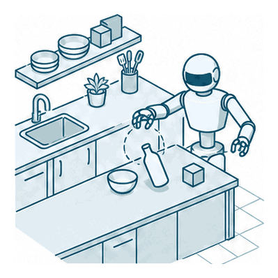 A humanoid robot at a kitchen counter misses a bottle, which tips over beside the bowl