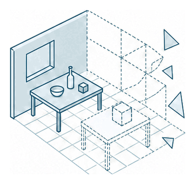 A half-built room: one half finished, the other dissolving into wireframe with missing patches