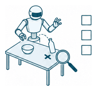 A robot has dropped the bottle; a magnifying glass over the failure point and three empty checkboxes
