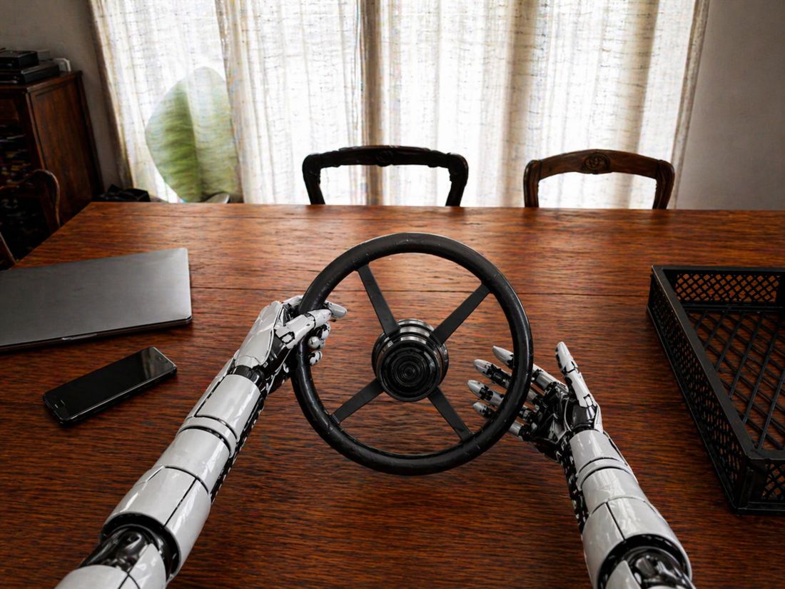 A pair of robot arms operating in a photorealistic reconstruction of a real room, rebuilt from a phone walkthrough.