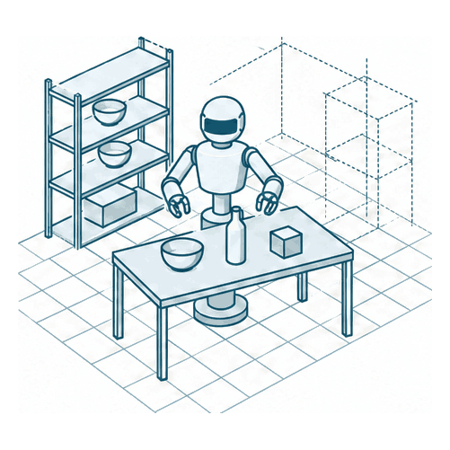 Isometric drawing of a humanoid robot at a table inside a simulated workcell being assembled