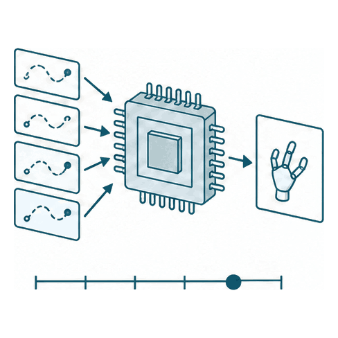 Data cards flowing into a processor chip and a single policy card coming out