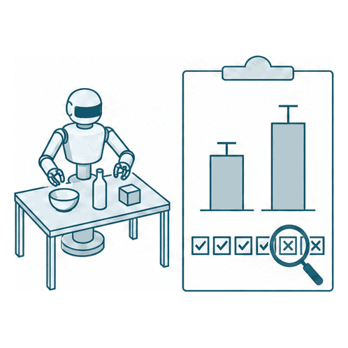 A robot at a table next to a clipboard with a before/after bar chart and pass/fail marks