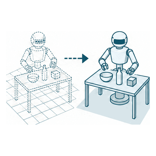 A wireframe robot in simulation and a solid robot in the real world, with a dashed arrow between them